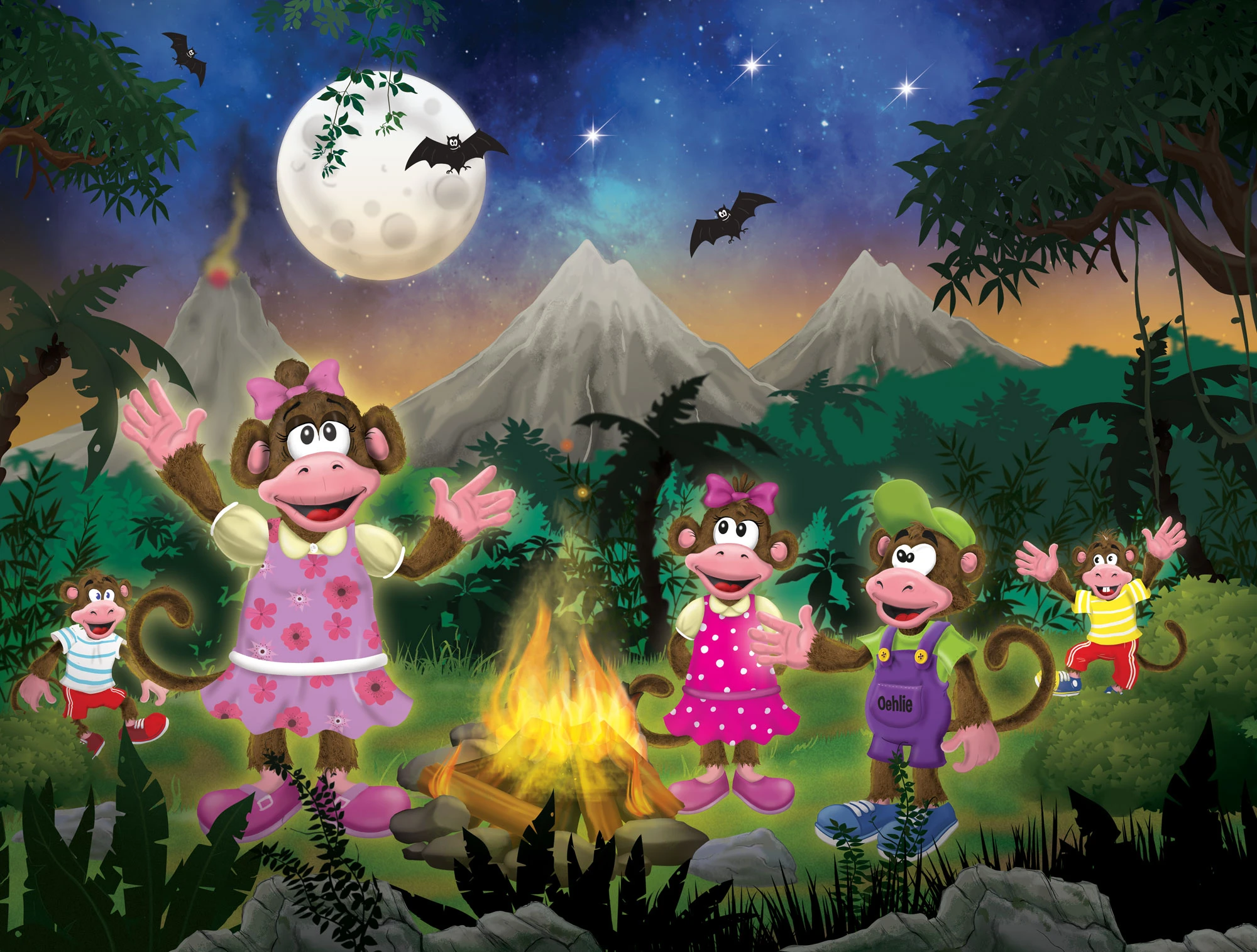 Oehlie en zijn vrienden rond een kampvuur in de jungle bij nacht