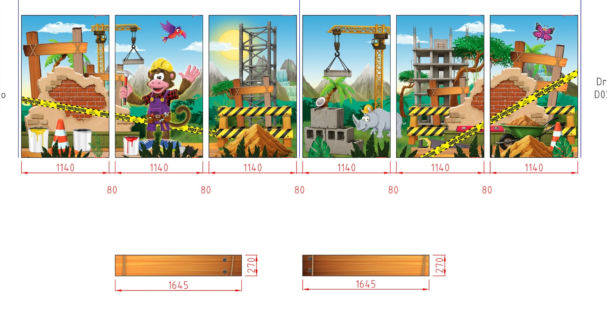 Ontwerp van de Mini Town bouwplaats verdeeld over meerdere panelen