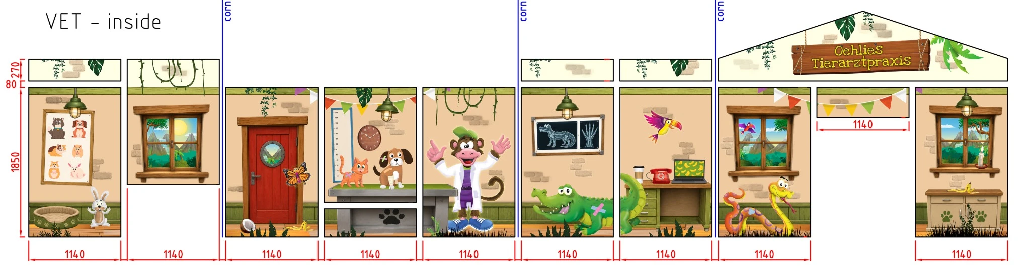 Uitgewerkte binnenwanden van de dierenarts met Oehlie en dierenillustraties