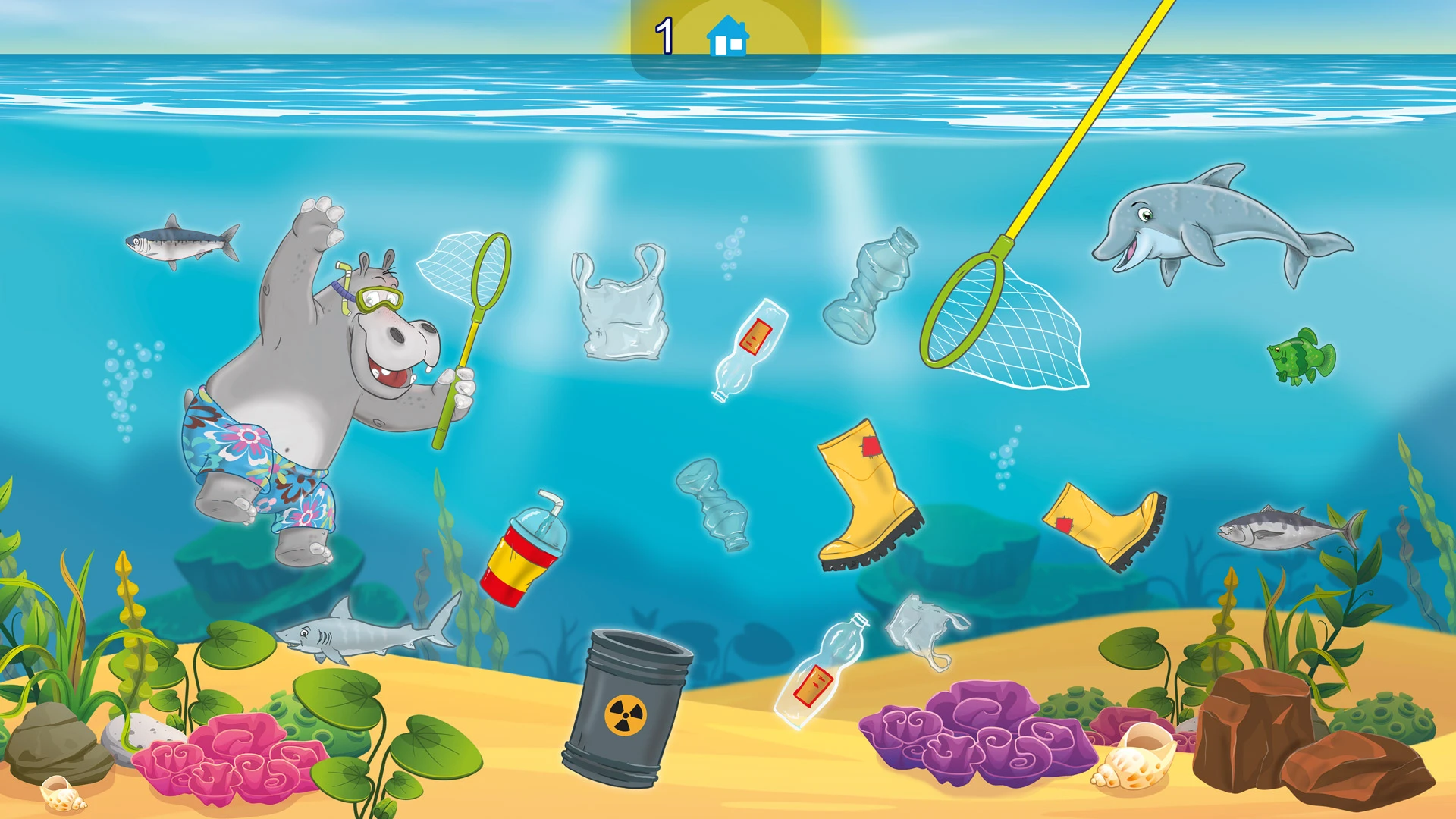 Jip Clean Up: onderwaterwereld met afval en een schepnet