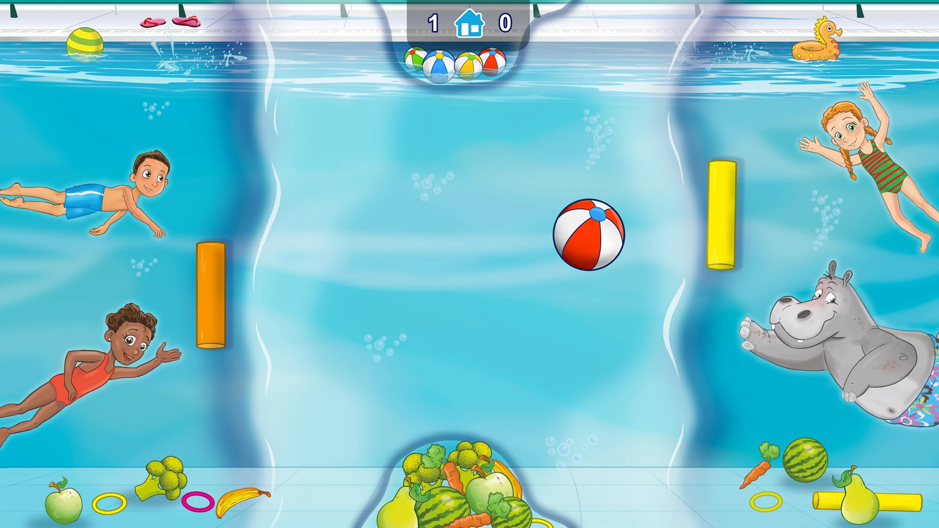 Jip Pong: een spelbeeld met een strandbal, kinderen en Jip in een onderwaterwereld