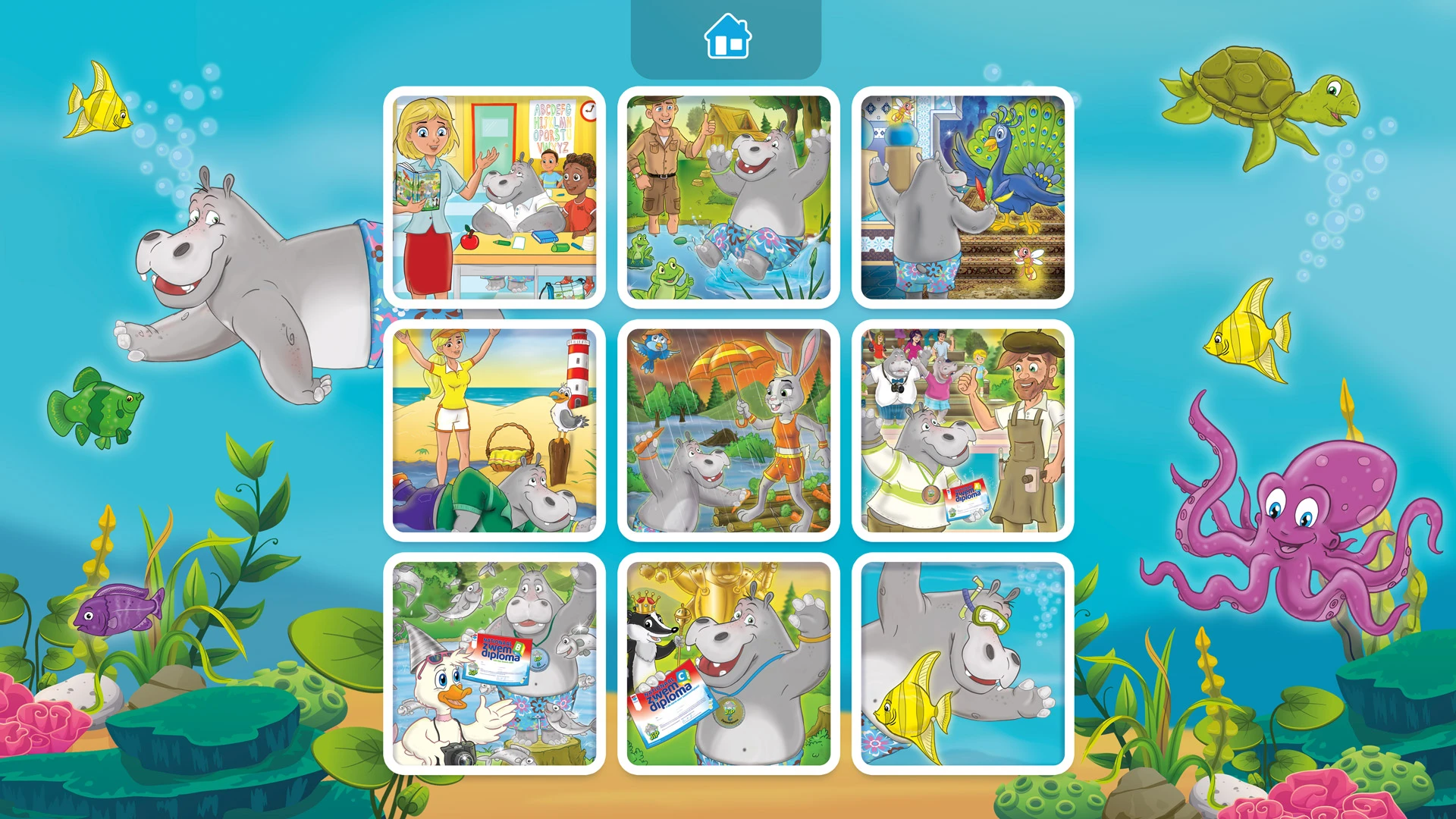 Keuzescherm met negen geïllustreerde Jip-puzzels