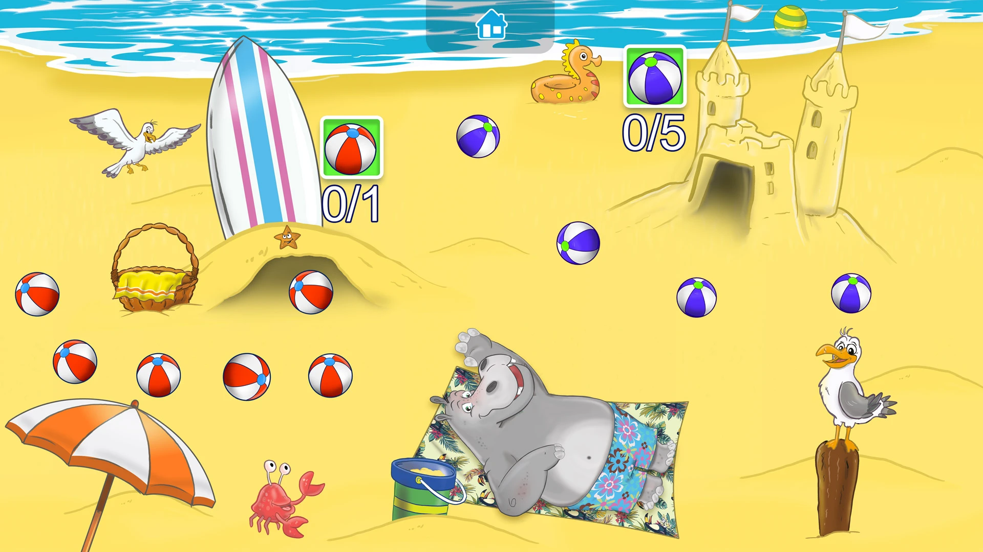 Sorteerspel met strandballen, een mand en Jip op het strand