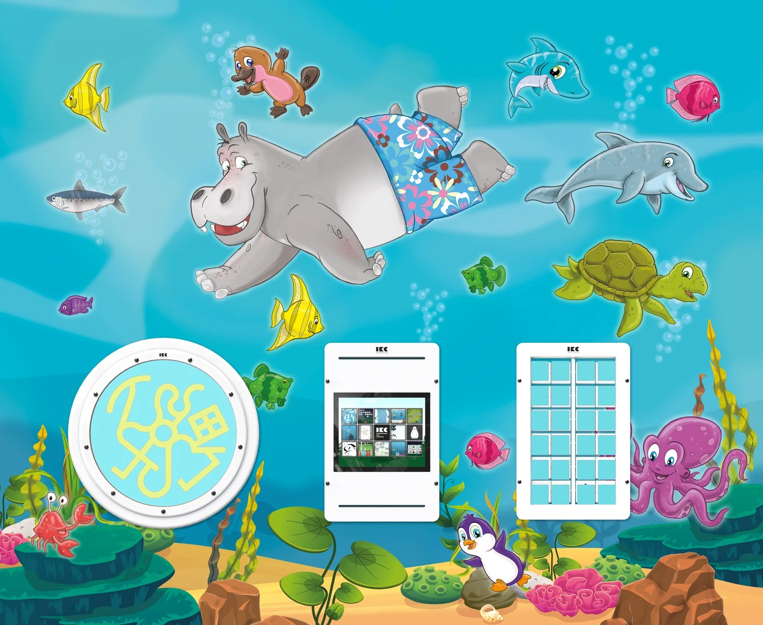 Ontwerp van de Jip-speelmuur met een touchscreen en twee fysieke spellen