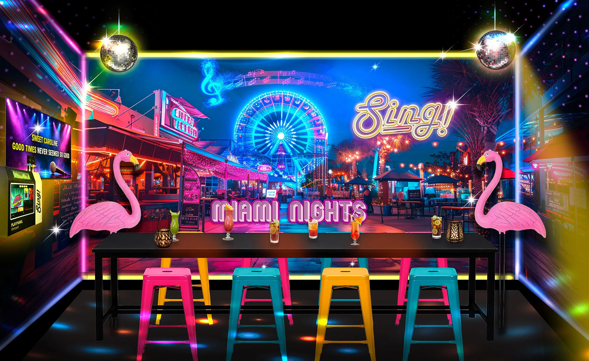 Ontwerpvisualisatie van een SING! Miami-themaruimte met neon en flamingo’s