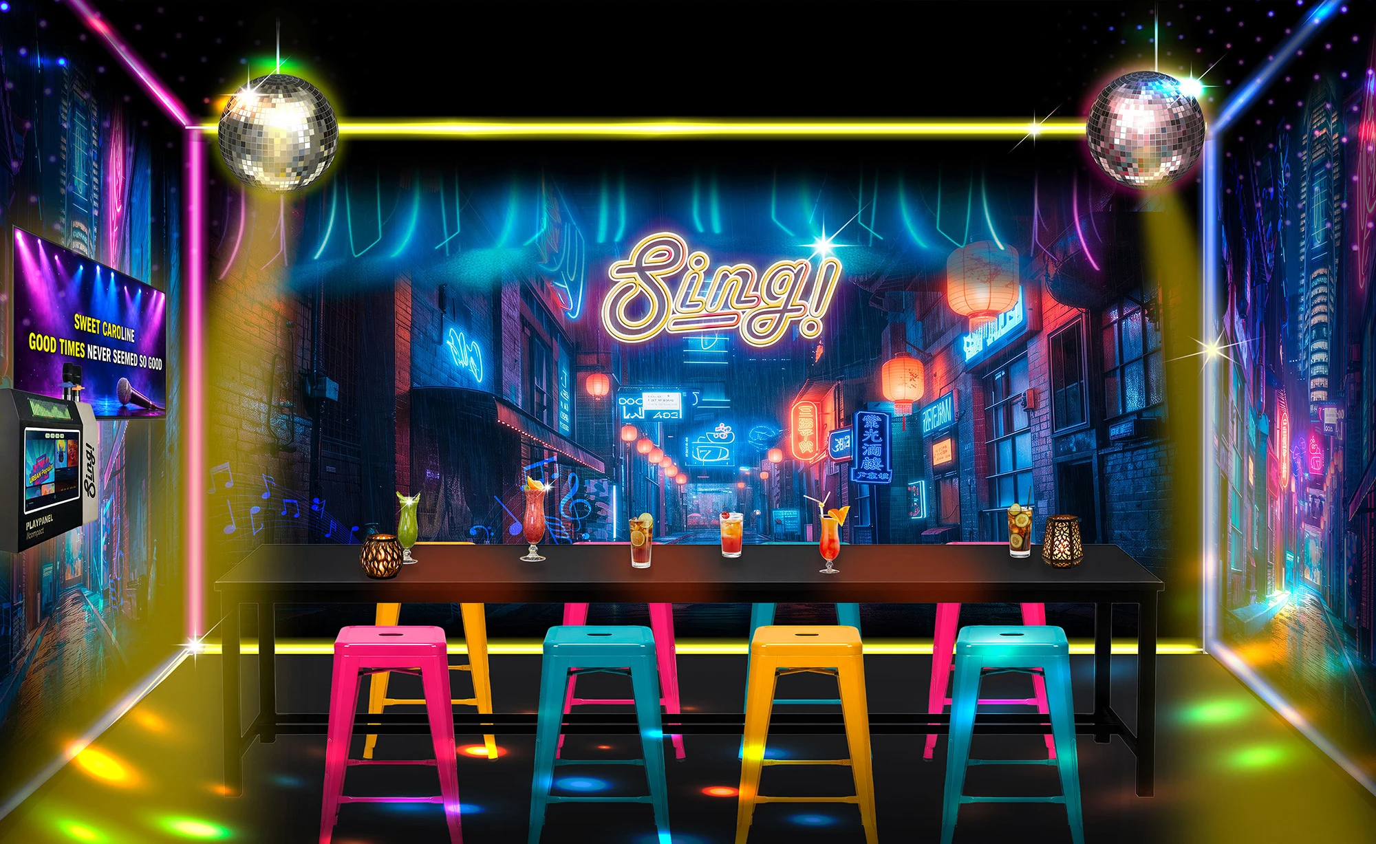 Ontwerpvisualisatie van een SING! karaokeruimte met een neonverlichte straat