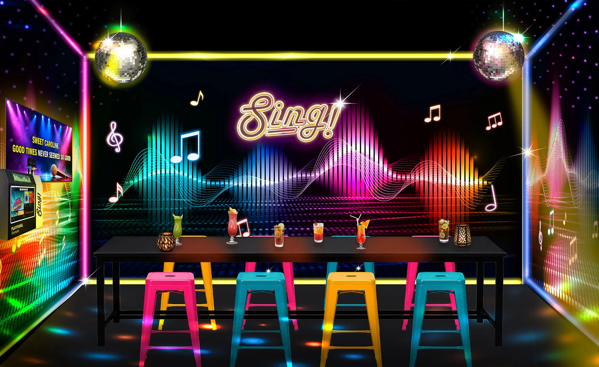 Ontwerpvisualisatie van een SING! ruimte met grafische geluidsgolven