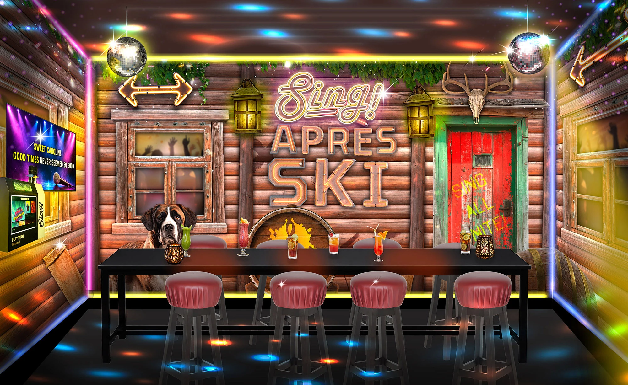 Ontwerpvisualisatie van de SING! après-ski themaruimte