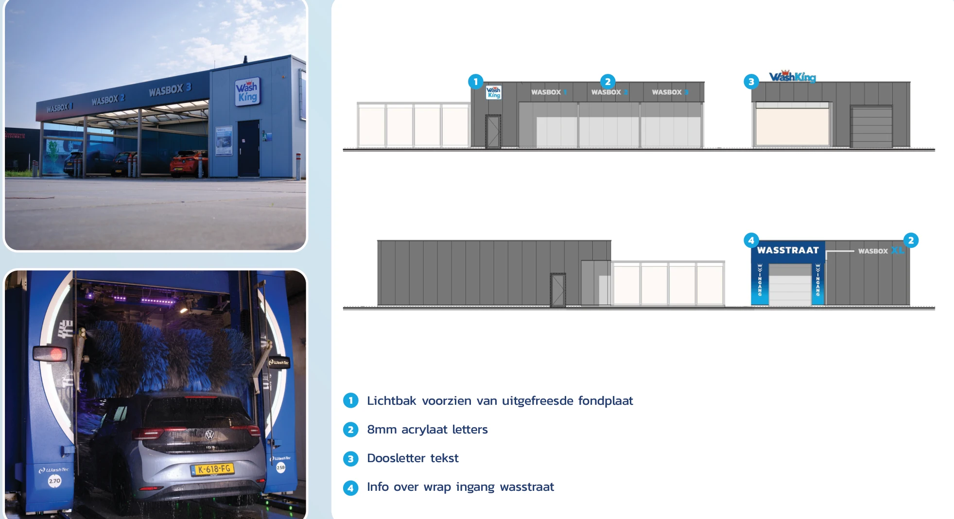 Designs and completed applications for the WashKing car wash and wash bays